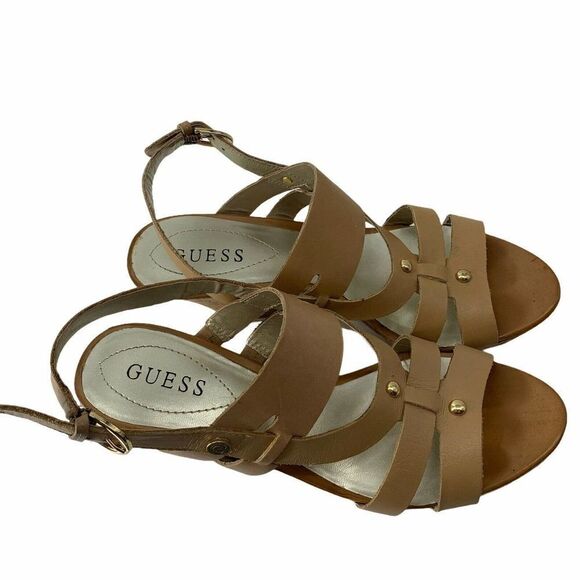 Guess Cork Wedge Heels Tan Open Toe 8.5 Leather - Picture 2 of 11